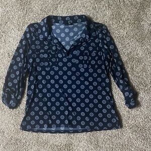 Jones New York Navy V-Neck Blouse with 3/4 Sleeves